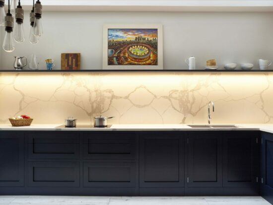 Fulham Handleless Painted Shaker Kitchen Book Matched Worktop