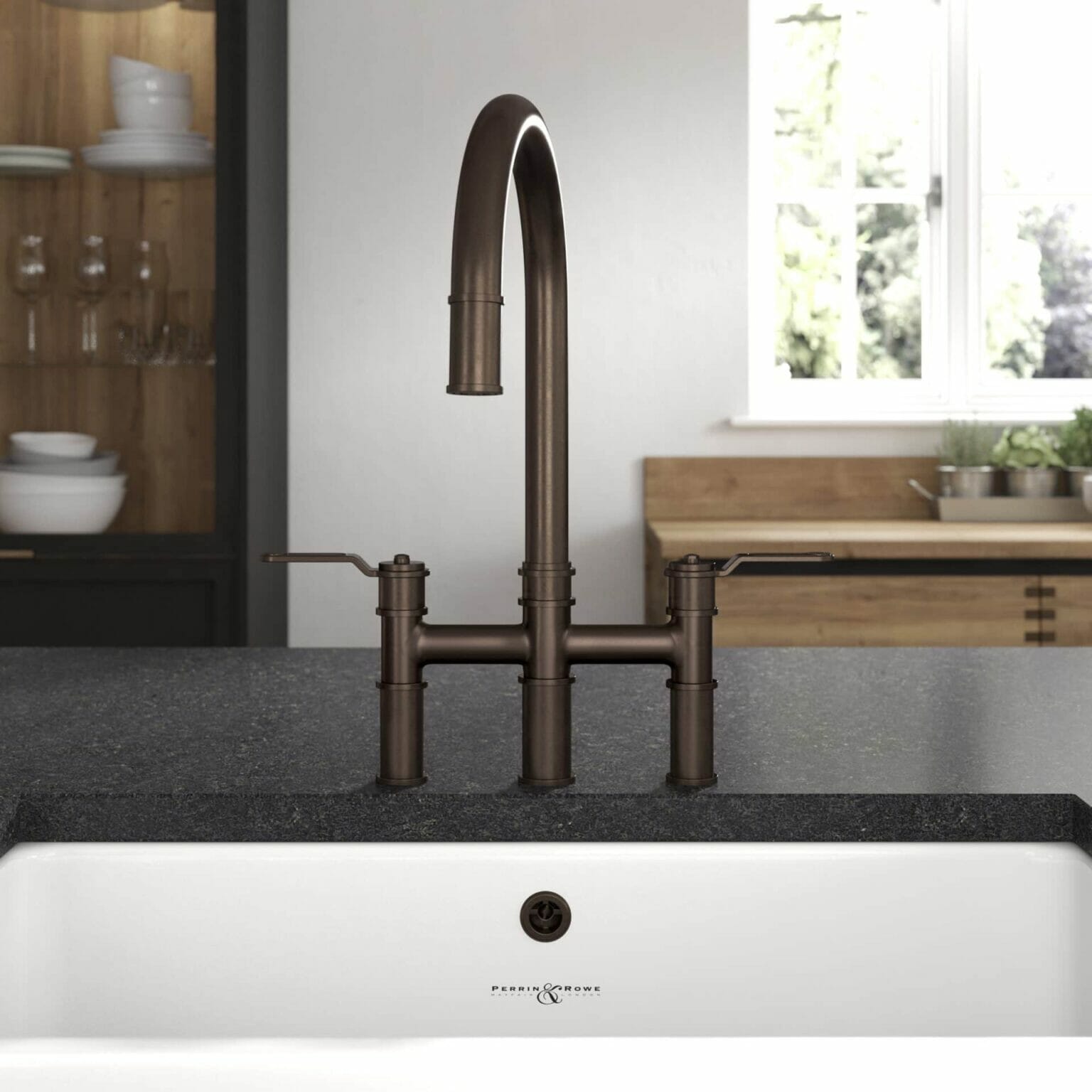 Armstrong Lever Mixer with Pull Down Rinse and Textured Lever in English Bronze, Perrin & Rowe
