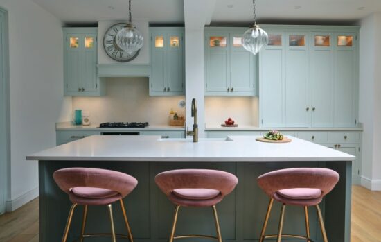 Barnes Industrial Shaker Kitchen Sink on Island with tall glazed wall cabinets