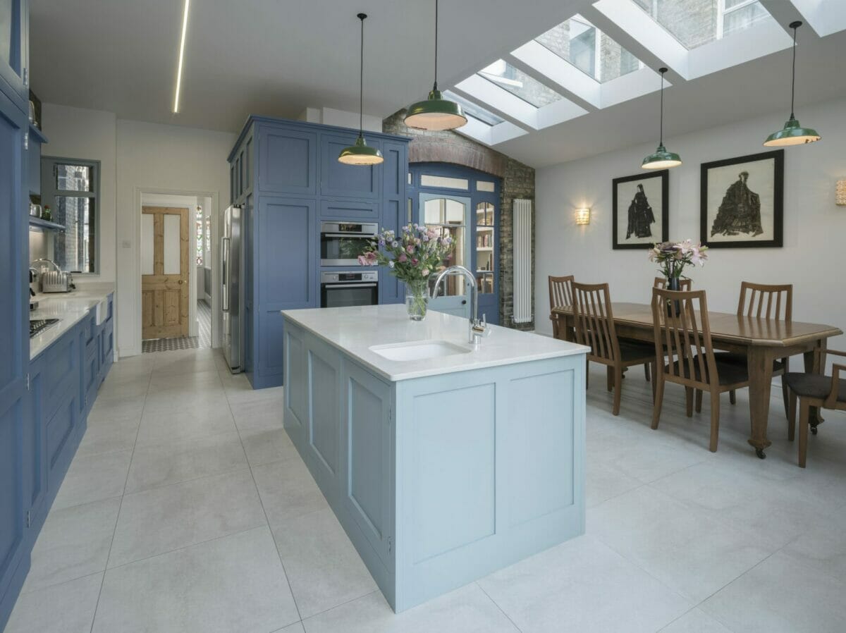 Wood Green Blue Handleless Shaker Kitchen Island with prep sink