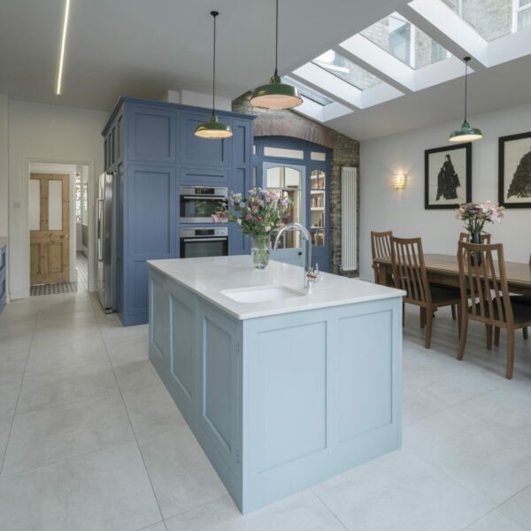 Wood green blue handleless shaker kitchen. Wood Green Blue Handleless Shaker Kitchen Island with prep sink