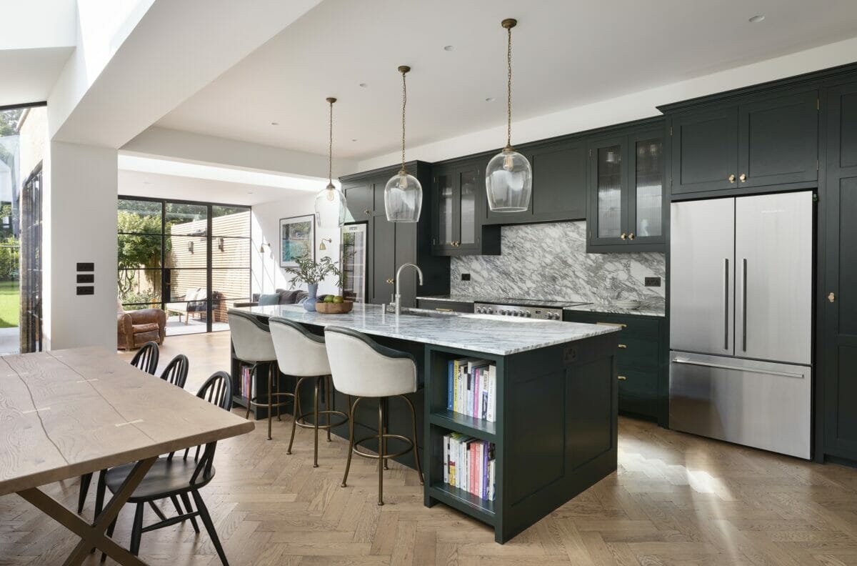 Kensal Rise painted shaker kitchen. Kensal Rise Painted Shaker Kitchen Green Marble Worktops Island