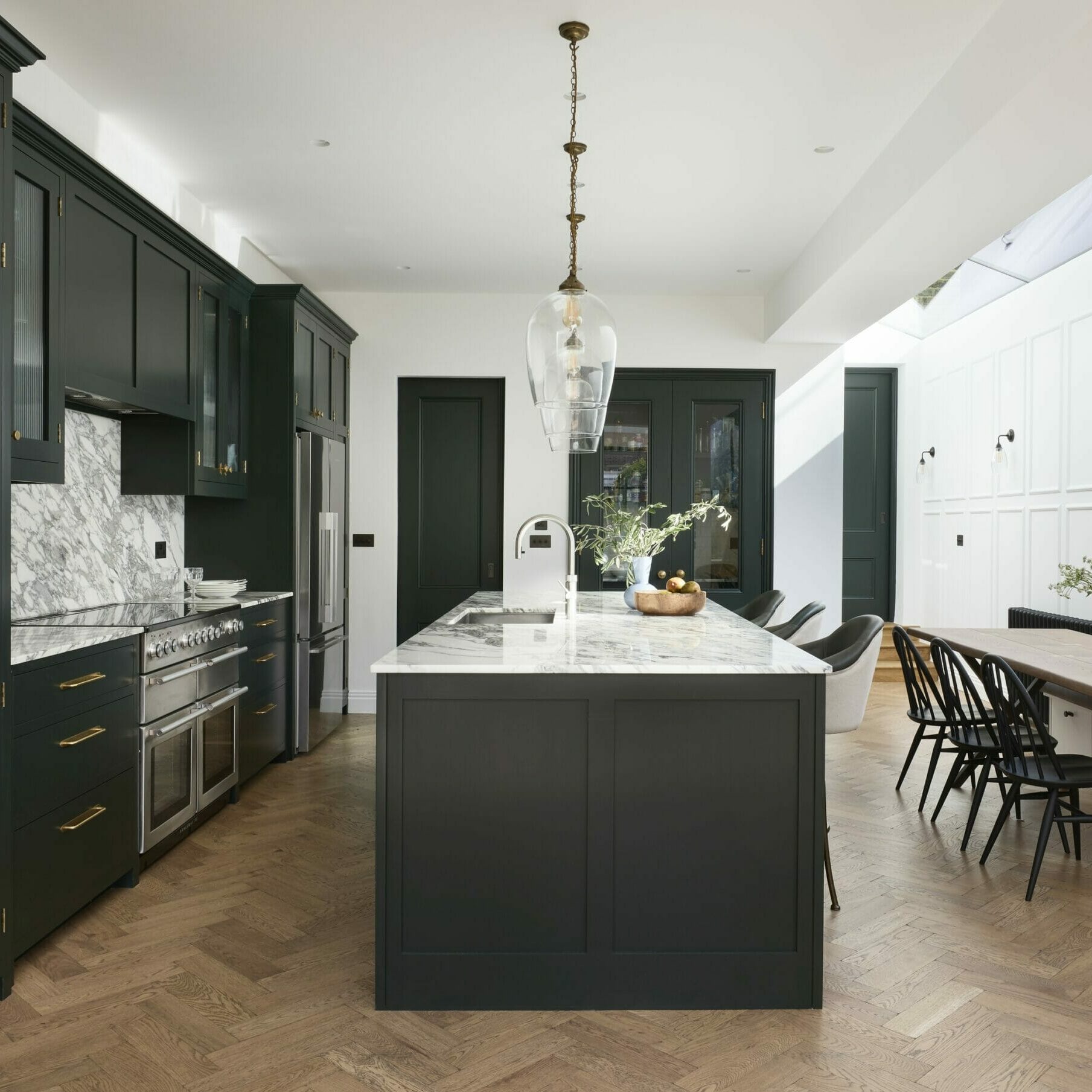 Kensal Rise Painted Shaker Kitchen Green Marble Worktops Island
