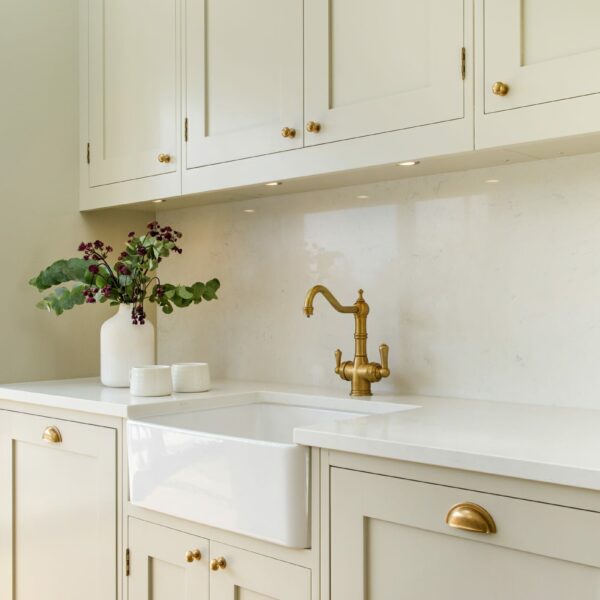 Old House New Home Painted Shaker Kitchen Perrin & Rowe Celeste 3-in-1 Instant Hot Water Tap (1970) Aged Brass
