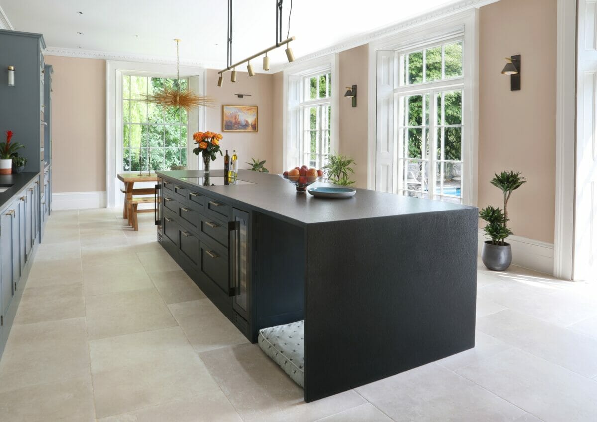Sevenoaks Kent Painted shaker kitchen large island with black waterfall worktop and dog bed