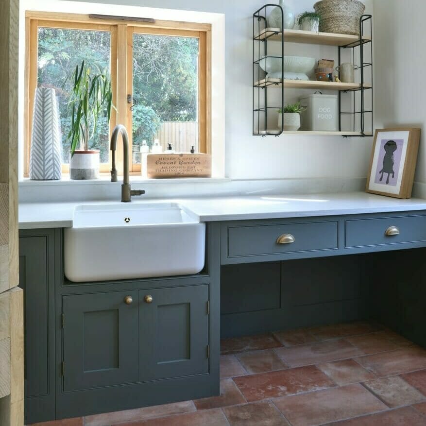 Surrey Traditional Painted Shaker utility with dog bed, belfast sink and Perrin and Rowe aged brass tap