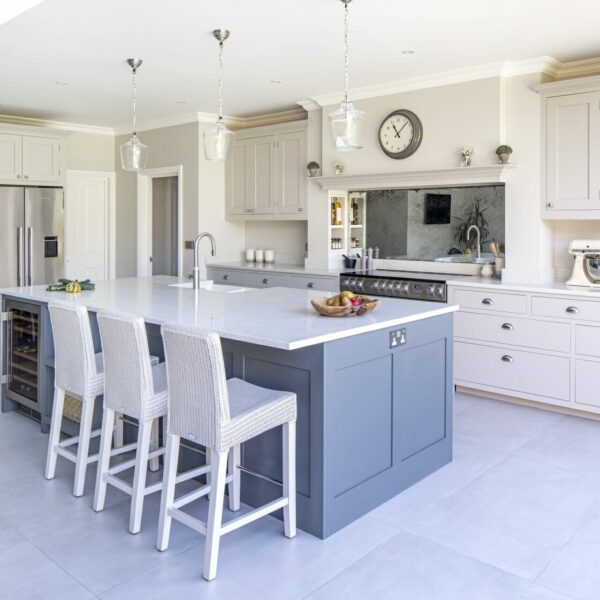 Thames Ditton Classic Painted Shaker Kitchen Over island to Range and chimney with Antique mirror splashback