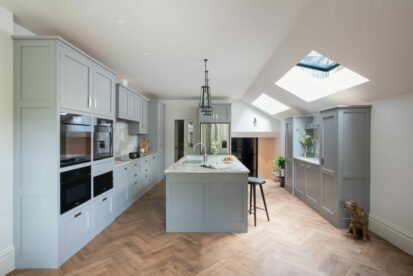 Walthamstow inset handle painted shaker kitchen, island, marble worktops, skylights, wooden herringbone floor