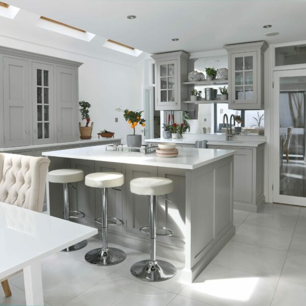 Clapham Painted Shaker Kitchen with a central island, dressers, glazed wall cabinets