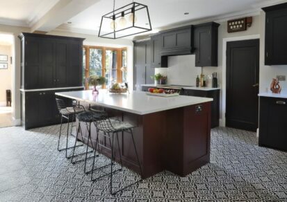Liss Painted Shaker Kitchen Island, mosaic floor, bar stools, range cooker in the background, garden views, pendant light over island