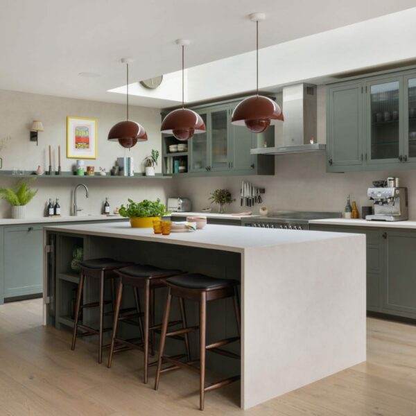 Shaker kitchen island with micro-concrete worktops and waterfall ends, illuminated by vermillion red flowerpot pendant lights. Features open shelving for cookbooks and ornaments, along with a slim wine cooler.