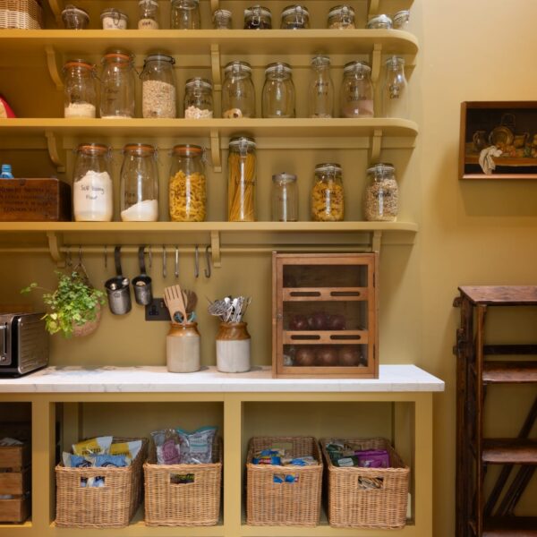 Muted yellow pantry with matching walls and cabinetry. Features base cabinets with quartz worktops and open shelves above with corbels. Shelving stores food items, jars of dry goods, and wicker baskets, and crates on wheels are on the floor.