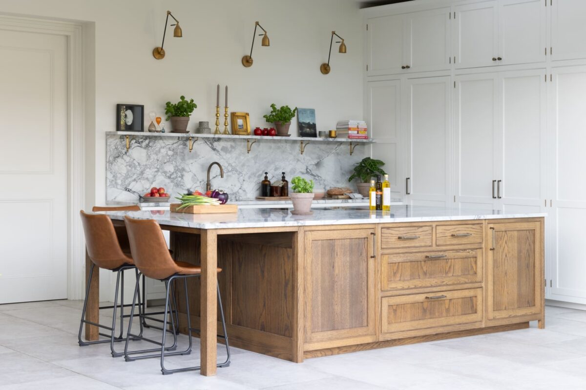 Finished bespoke Higham kitchen with oak island and marble worktop handcrafted in Hampshire